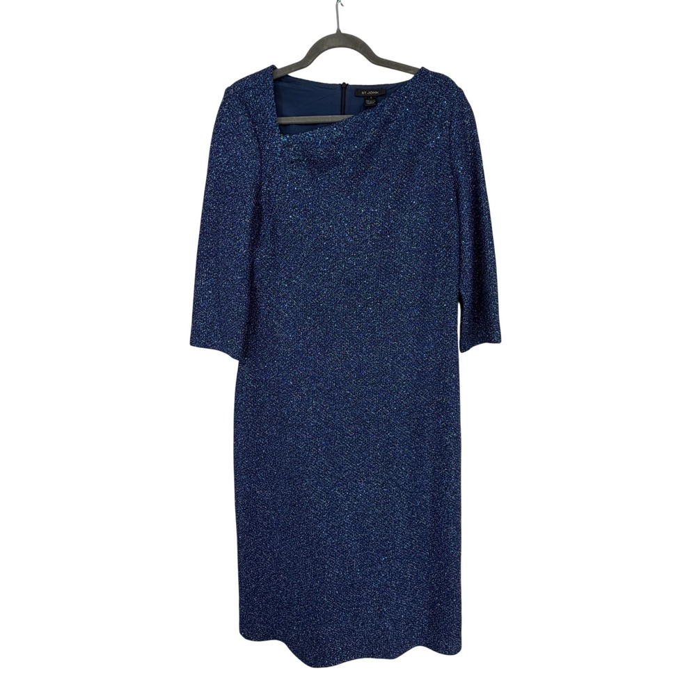 St John Blue Metallic Knit Sequin Sheath‎ Dress Womens 12 Silk Lined 3/4 Sleeve